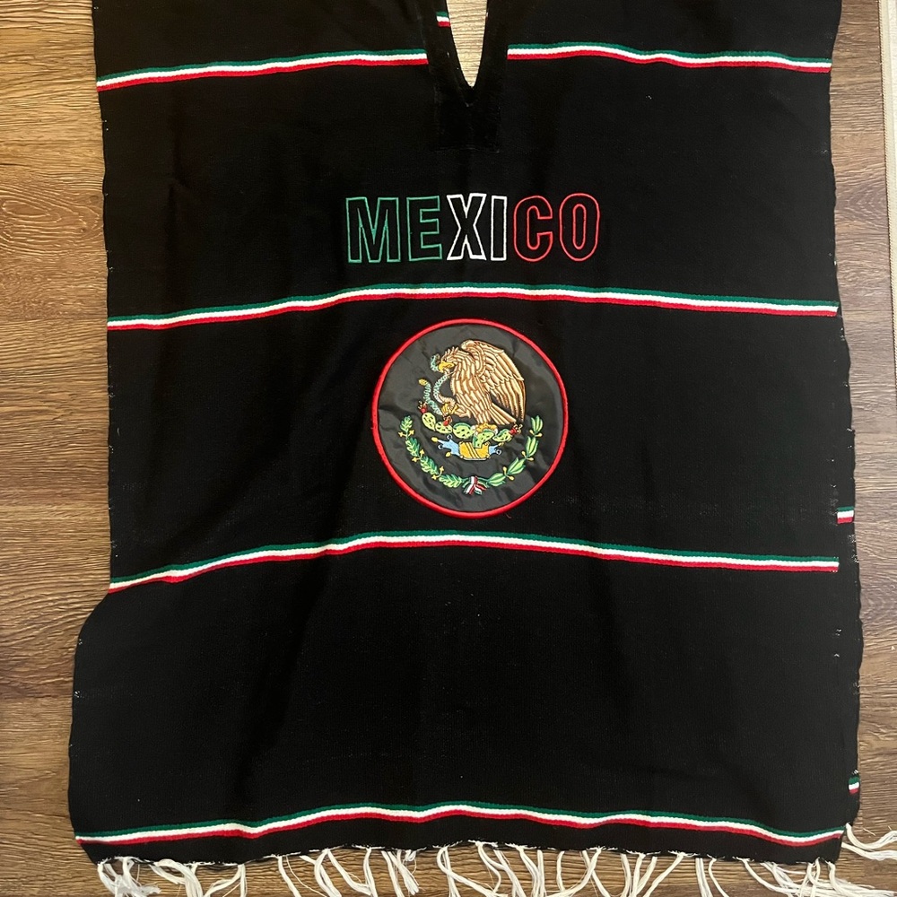 Black Mexico Poncho with Embroidered Eagle